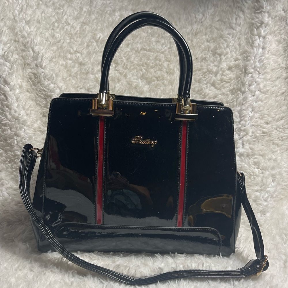 Shuting patent leather Black & Red Satchel/shoulder bag with gold tone Hardwares
